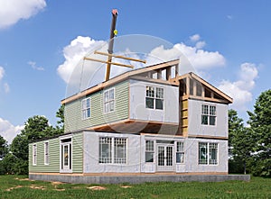 Assembling a modular house exterior. 3d illustration