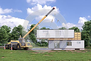 Assembling a modular house exterior. 3d illustration