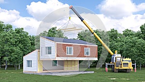 Assembling a modular house exterior. 3d illustration