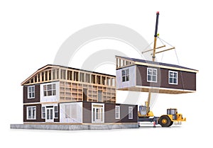 Assembling a modular house isolated on white background. 3d illustration