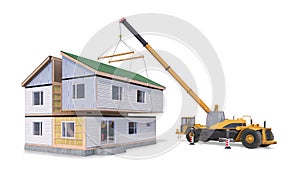 Assembling a modular house isolated on white background. 3d illustration