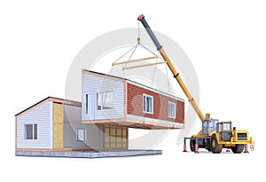 Assembling a modular house isolated on white background. 3d illustration