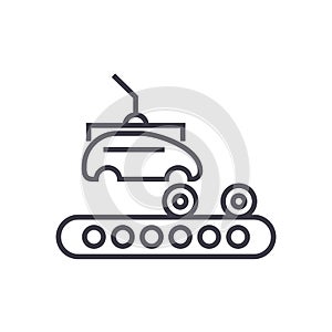 Assembly car, conveyor vector line icon, sign, illustration on background, editable strokes