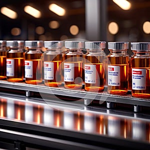 Assembly line bottling of medical products in glass bottles, pharmaceutical manufacturing industry