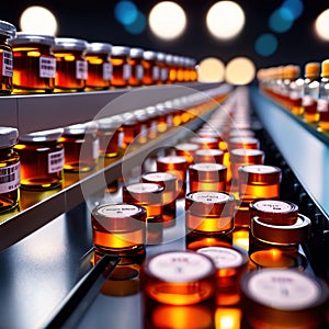 Assembly line bottling of medical products in glass bottles, pharmaceutical manufacturing industry