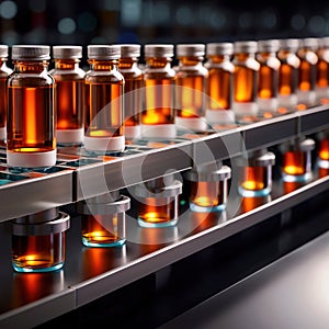 Assembly line bottling of medical products in glass bottles, pharmaceutical manufacturing industry