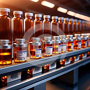 Assembly line bottling of medical products in glass bottles, pharmaceutical manufacturing industry