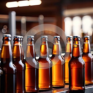 Assembly line bottling plant with glass beer bottles, alcoholic beverage manufacturing production