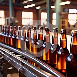 Assembly line bottling plant with glass beer bottles, alcoholic beverage manufacturing production