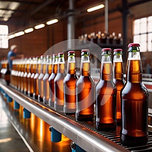 Assembly line bottling plant with glass beer bottles, alcoholic beverage manufacturing production