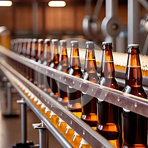 Assembly line bottling plant with glass beer bottles, alcoholic beverage manufacturing production