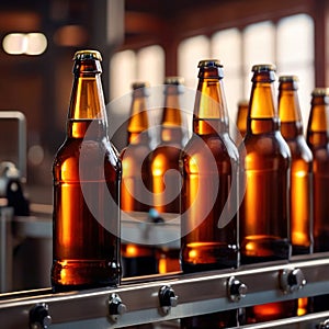 Assembly line bottling plant with glass beer bottles, alcoholic beverage manufacturing production