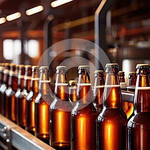 Assembly line bottling plant with glass beer bottles, alcoholic beverage manufacturing production