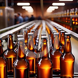 Assembly line bottling plant with glass beer bottles, alcoholic beverage manufacturing production