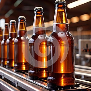 Assembly line bottling plant with glass beer bottles, alcoholic beverage manufacturing production