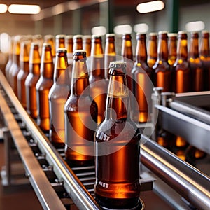 Assembly line bottling plant with glass beer bottles, alcoholic beverage manufacturing production