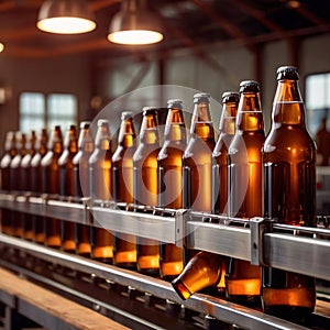 Assembly line bottling plant with glass beer bottles, alcoholic beverage manufacturing production