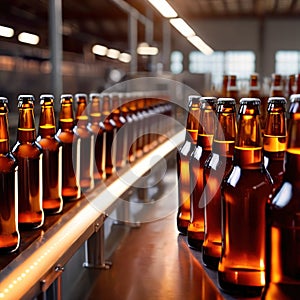 Assembly line bottling plant with glass beer bottles, alcoholic beverage manufacturing production