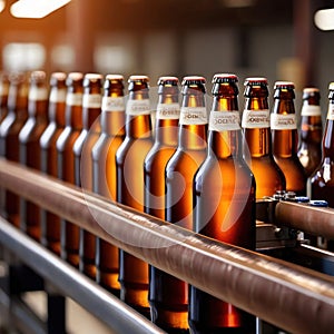 Assembly line bottling plant with glass beer bottles, alcoholic beverage manufacturing production