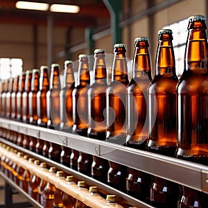 Assembly line bottling plant with glass beer bottles, alcoholic beverage manufacturing production