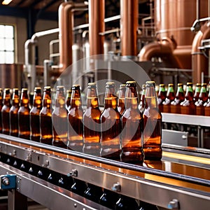 Assembly line bottling plant with glass beer bottles, alcoholic beverage manufacturing production