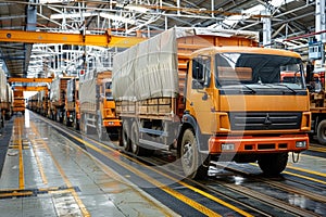 Assembly line of brand new heavy duty trucks in the factory building