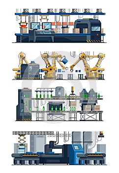 Assembly line. Industrial automated conveyor. Factory electronic technical equipment. Robotic packaging or manufacturing