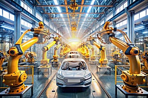 Assembly in Progress: Yellow Car and Robotic Arms in Industrial Factory. In a busy factory, a partially assembled yellow car sits photo