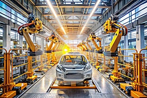 Assembly in Progress: Yellow Car and Robotic Arms in Industrial Factory. In a busy factory, a partially assembled yellow car sits photo