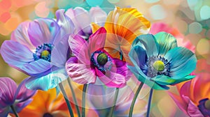 an assembly of stunning anemone flowers in opalescent hues and other vibrant colors, impasto painting techniques, render