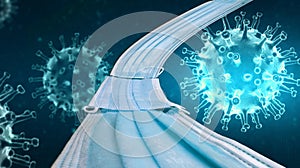Assembly of a surgical mask and lustration of the Covid-19 virus, recreating a road to reach the destination free of coronavirus.