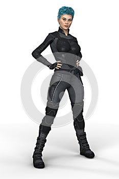 Assertive woman in body armour standing with her hands on her hips