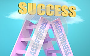 Assertiveness ladder that leads to success high in the sky, to symbolize that Assertiveness is a very important factor in reaching