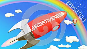 Assertiveness lead to achieving success in business and life. Cartoon rocket labeled with text Assertiveness, flying high in the