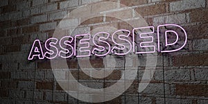 ASSESSED - Glowing Neon Sign on stonework wall - 3D rendered royalty free stock illustration photo