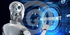 Assessment automation business and technology concept. 3d render robot pressing virtual button