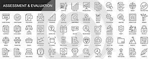 Assessment and evaluation web icons set in thin line design. Pack of auditor, presentation, report, results, target, satisfaction