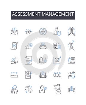 Assessment management line icons collection. Risk control, Budget planning, Time management, Project coordination, Data