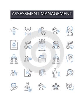 Assessment management line icons collection. Risk control, Budget planning, Time management, Project coordination, Data