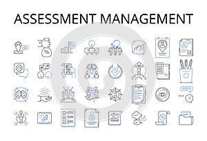 Assessment management line icons collection. Risk control, Budget planning, Time management, Project coordination, Data