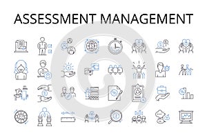 Assessment management line icons collection. Risk control, Budget planning, Time management, Project coordination, Data