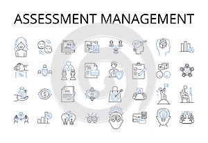 Assessment management line icons collection. Risk control, Budget planning, Time management, Project coordination, Data