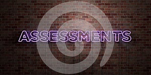 ASSESSMENTS - fluorescent Neon tube Sign on brickwork - Front view - 3D rendered royalty free stock picture