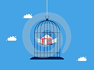 Asset control. Restrict or lock the house in the birdcage. business and investment concept