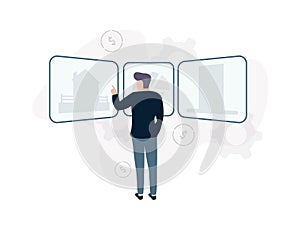 Asset Management. Illustration of a man standing near the screens on which the house, diagram, data, on the background