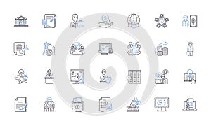 Asset management line icons collection. Investments, Portfolio, Securities, Wealth, Finances, Allocation, Evaluation