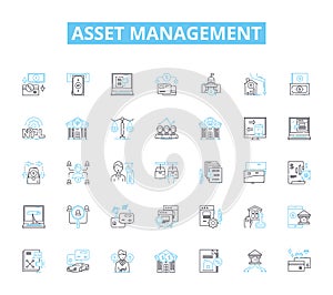 Asset management linear icons set. Investments, Portfolio, Allocation, Equity, Diversification, Risk, Performance line