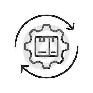 Asset Management Tracks logistics assets, icon in line design. Asset, tracking, logistics, inventory, on white