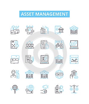 Asset management vector line icons set. Assets, Management, Investment, Financial, Optimization, Cost, Value