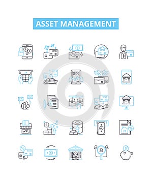 Asset management vector line icons set. Assets, Management, Investment, Financial, Optimization, Cost, Value